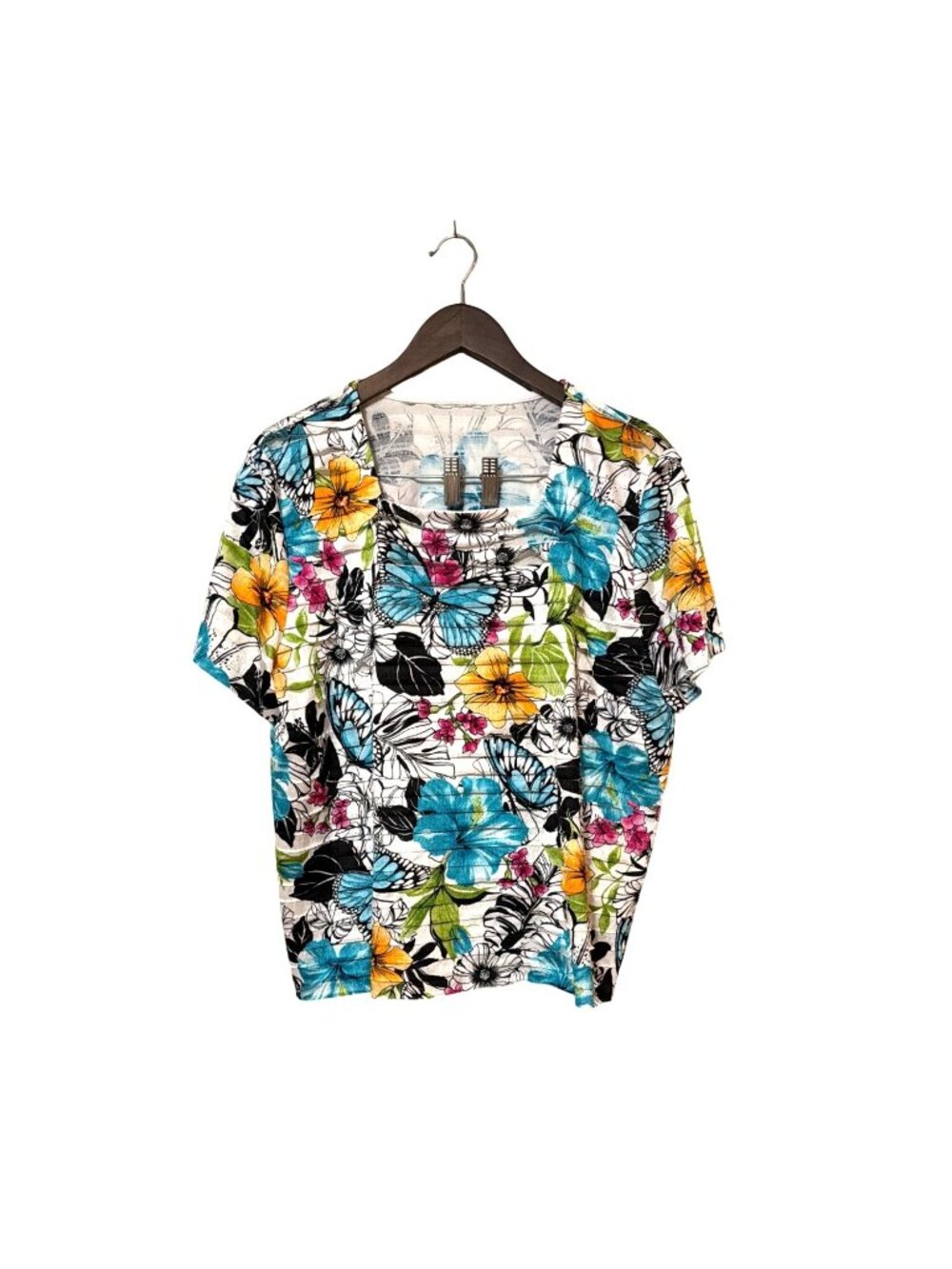 Floral & Butterfly Print Short-Sleeve Pleated Top Vibrant Colors Womens M